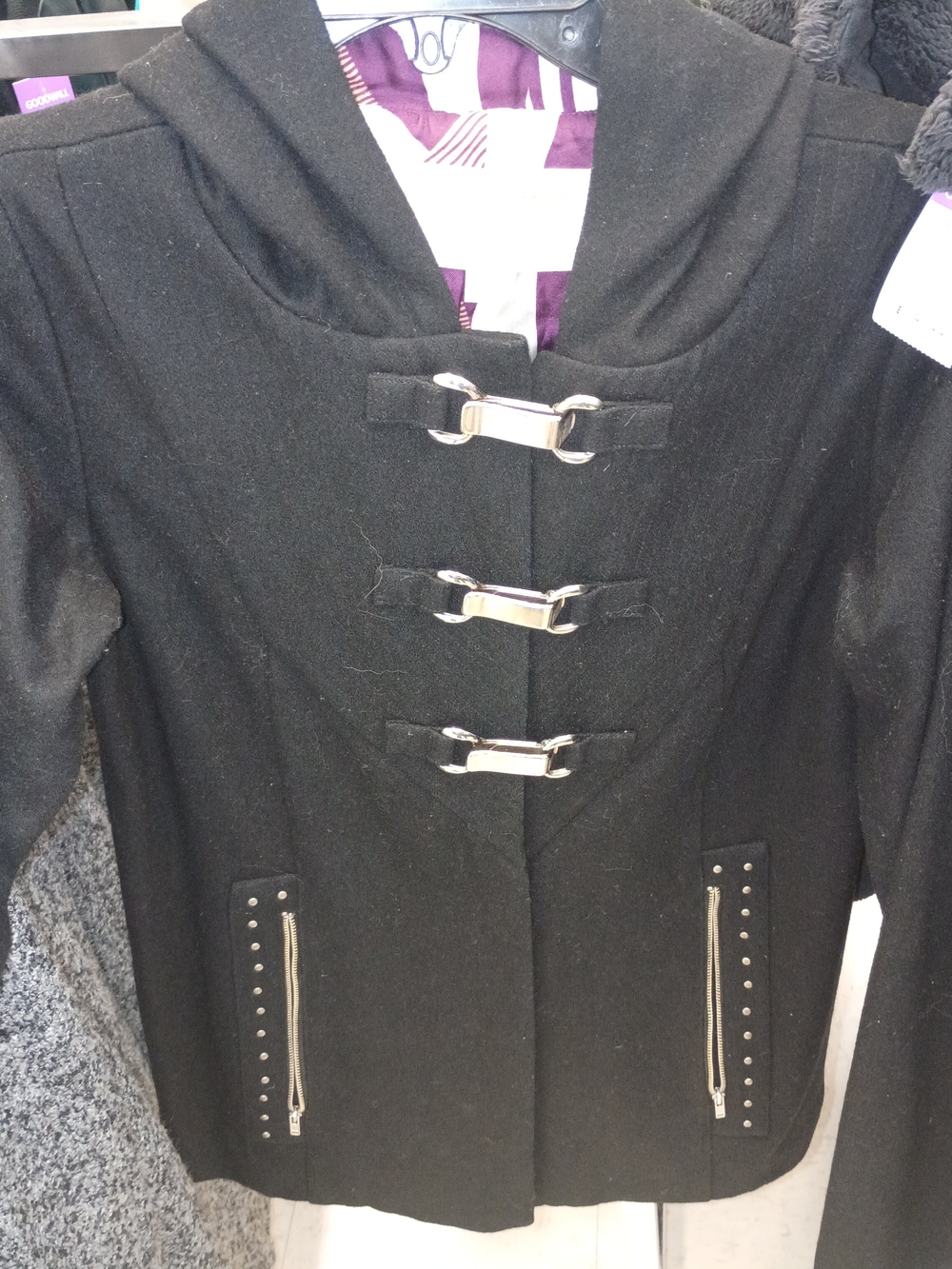Black Hooded Toggle Pea Coat with Silver Hardware